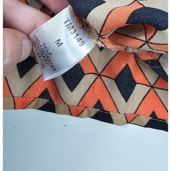 Thml Anthro orange geometric peasant boho blouse split neck cottagecore M EUC ^^ - Picture 5 of 7